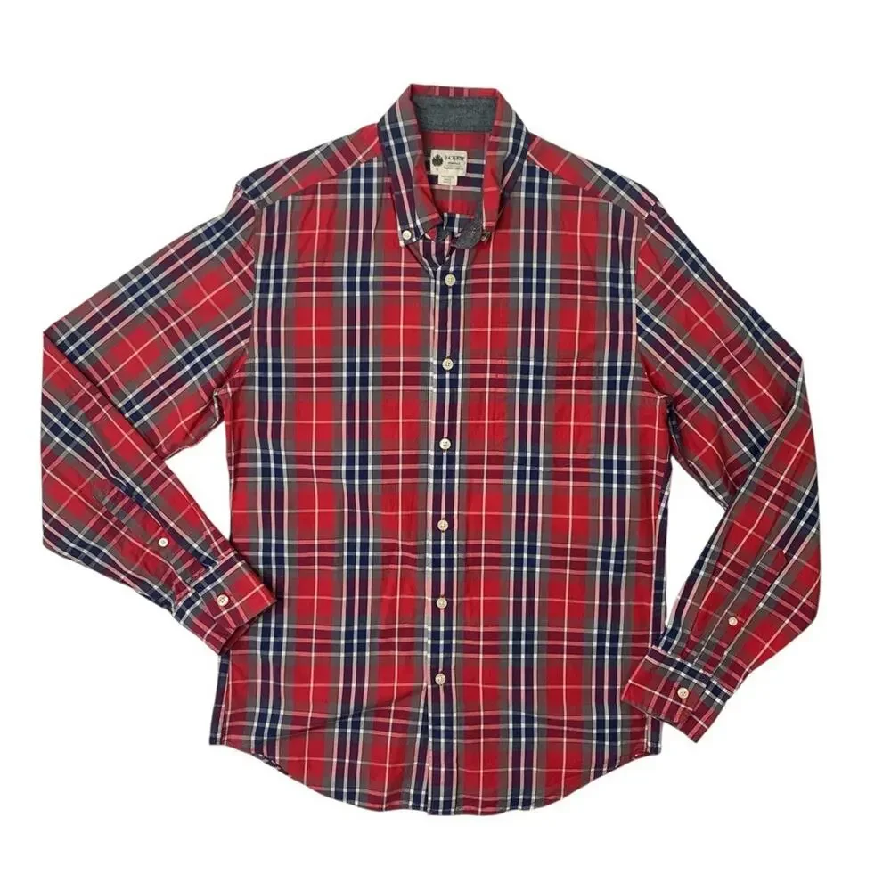 J Crew Shirt Mens S Small Red Cotton Washed Tartan Plaid Button Up Long Sleeve